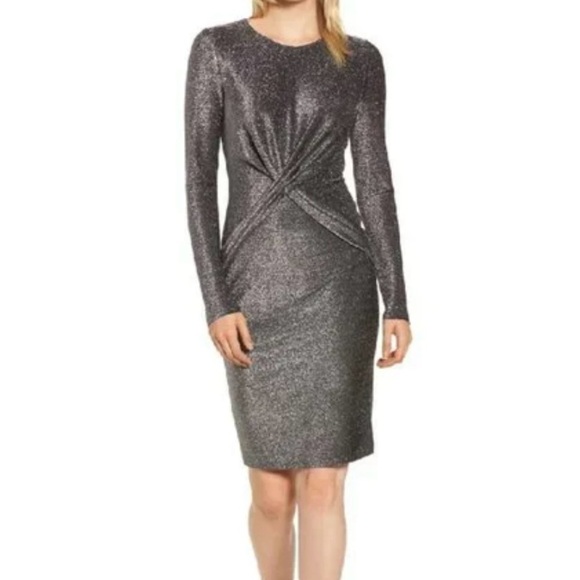 Michael Michael Kors‎ metallic size small long sleeve silver glittery midi Dress - Picture 1 of 11